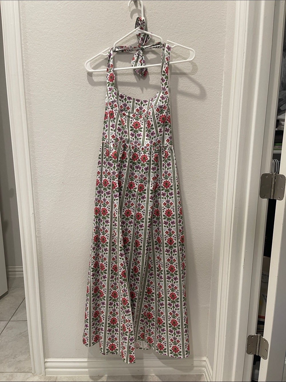 Hill House White Maxi Dress with Pink and Green Floral Print